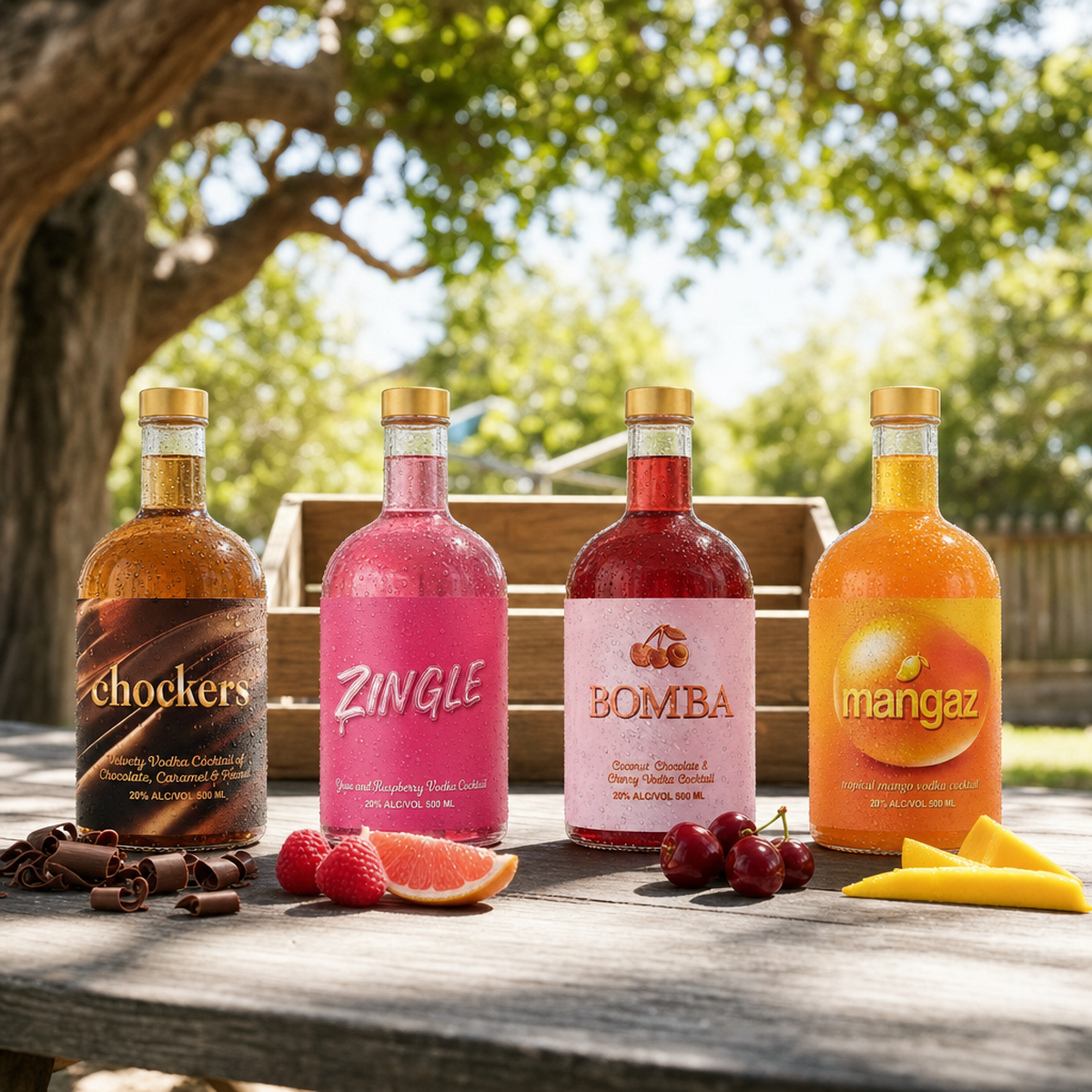 Best Sellers Box - four bottles (Chockers, Bomba, Mangaz, Zingle) in front of an empty wooden crate with garnishes
