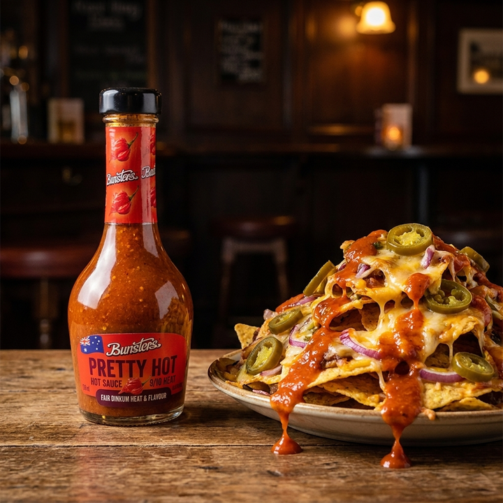 150ml bottle of Pretty Hot Bunsters hot sauce at 9 out of 10 heat