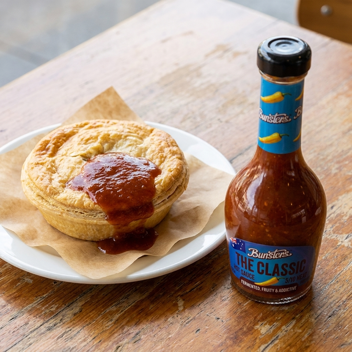 The Classic hot sauce with a meat pie