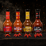 Hot Ones Range - Pretty Hot, Shit The Bed, Gold Label and Black Label hot sauces lined up hotter and hotter