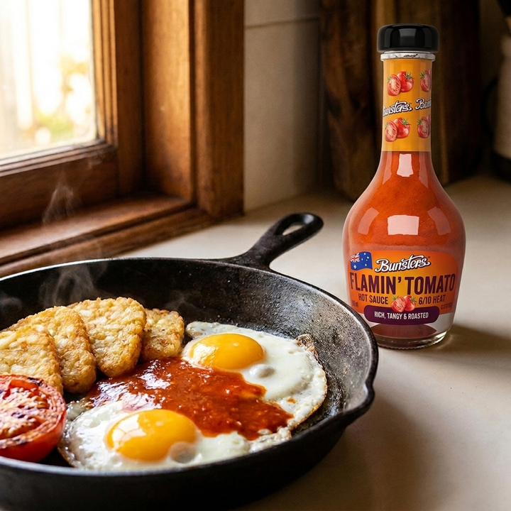 150ml bottle of Flamin' Tomato Bunsters hot sauce at 6 out of 10 heat